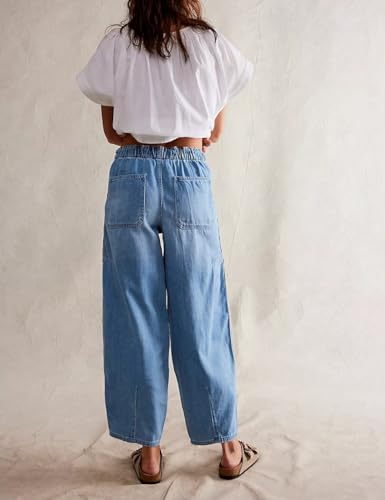 Women's Loose Cropped Barrel Jeans - Mid Rise, Boyfriend Fit, Light Blue Denim Pants2