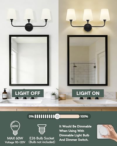 Image of Bathroom Light Fixtures, 3-Light Matte Black Vanity Lights with Flared Beige Fabric Shade, Vintage Sconces Wall Lighting for Hallway Bedroom, VL837-MB-B-3