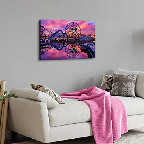 Image of Disney Canvas Wall Art Sunset Disneyland Ferris Wheel Picture Wall Decor for Girls Women Room Decor, Anime Castle Park Landscape Painting Prints Photo Panoramic Artwork Living Room Bedroom Decorations 16x24 inch