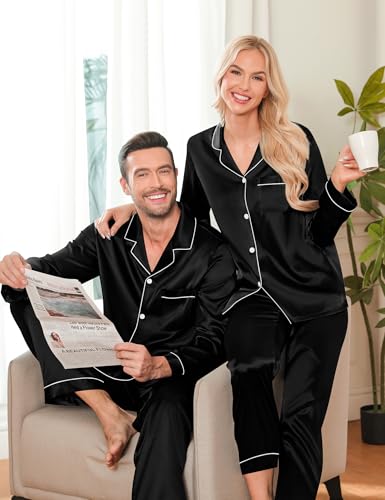 LecGee Couples Matching Pajamas Set Button Down Sleepwear Long Sleeve Loungewear Silky Satin 2 Piece Pjs (Men Black Small)2