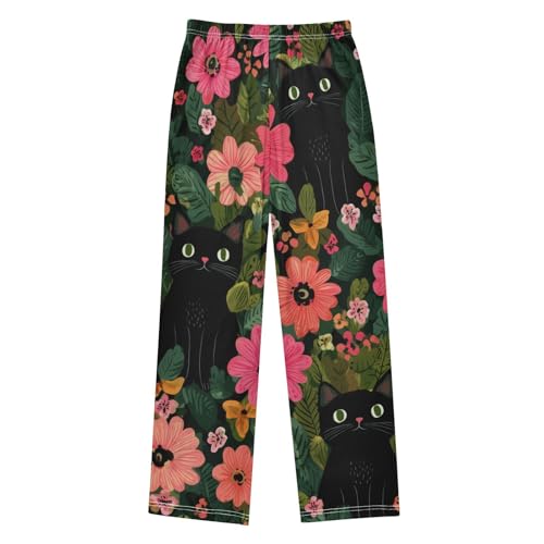 Cat Tropical Flowers Boys Long Pants Soft Trousers Elastic Waist Kids Lounge Bottoms with Pockets S-XL2