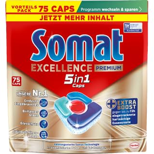 SOMAT Excellence Premium 5-in-1 Caps (4 x 75), Fast-Resolving Dishwasher Tablets with Extra Boost Even in Low Temperature, Short & Eco Programs, Removes Even 72 Hours of Dried Food Leftovers