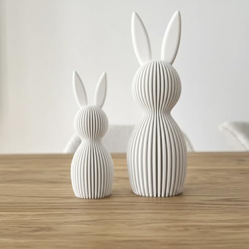 Scandi Osterhase Deko - Minimalistische Osterdekoration im skandinavischen Design - Gerippte Oberfläche - Moderne Frühlingsdeko aus PLA - Set bestehend aus Klein 11 cm und Groß 16 cm (weiß matt)