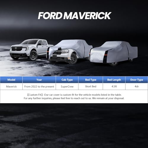 Image of Multi-Layer Ford Maverick Truck Cover, Custom Fit Maverick 2021-2026 SuperCrew Cab Short Bed(4.5') Car Cover Waterproof All Weather, Full Exterior Cover Rain Wind and UV Protection with Door Zipper