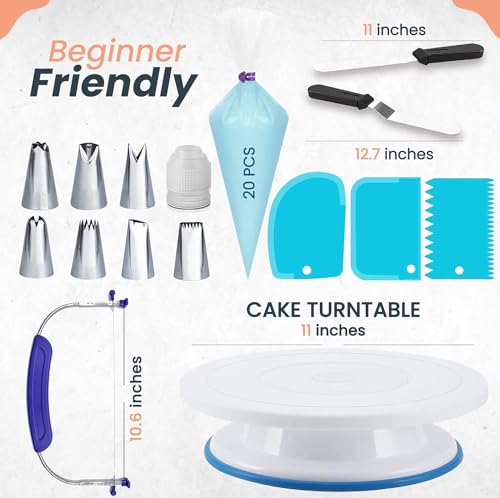 RFAQK 35PCs Cake Turntable and Leveler-Rotating Cake Stand with Non Slip pad-7 Icing Tips and 20 Bags- Straight & Offset Spatula-3 Scraper Set -EBook-Cake Decorating Supplies Kit -Baking Tools