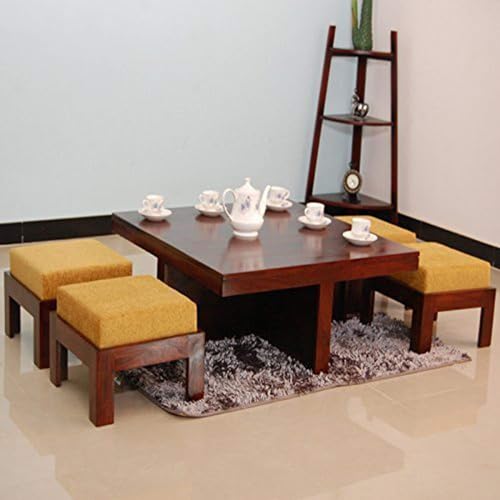 Image of Furniture Solid Sheesham Wood Coffee Table with 4 Stools | Sheesham Wood Coffee Table for Living Room (Brown-Finish, Coffee Table)