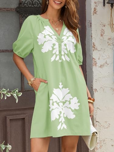 Image of Wenrine Womens Puff Short Sleeve Mini Dress Summer Floral Print Button V Neck Loose Casual Shift Dresses with Pockets