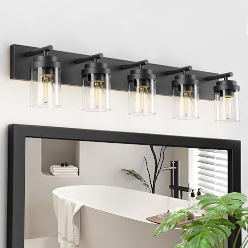 Image of IZORRO Bathroom Vanity Light Fixture, 5-Light 36 Inch Matte Black Bathroom Light Fixtures Over Mirror, with Clear Glass Shade, Modern Farmhouse Vanity Lights, Rustic Restroom Lighting Fixtures