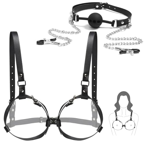 BDSM Bondage Set für Paare – Leder Brustfesseln & Harness für Frauen, Silikon Ball Gag mit Nippelklemmen Kette, Sexy Dessous & Erotisches Fesselset, Für Körbchengrößen B-E