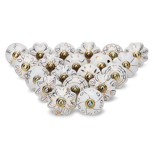 Image of Craft Trade Ceramic Furniture Knobs for Drawer Wardrobe Kitchen Desk Cabinets Dressers Cupboards Vintage Assorted Decorative Golden Print Pull Handle Interior Decor - Pack of 20, Cream