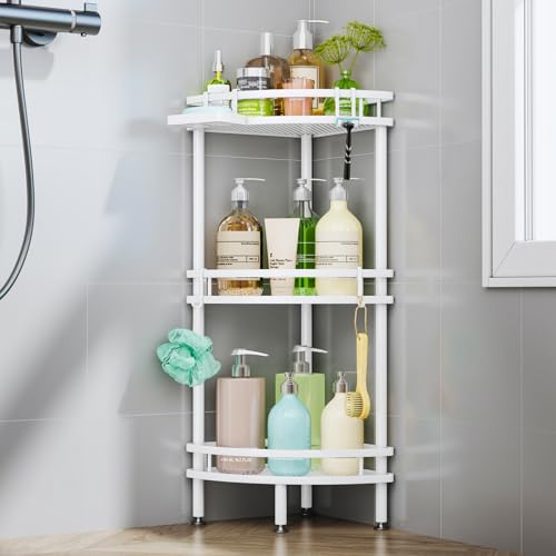 Image of HapiRm Standing Corner Shower Caddy - 3 Tier Shower Organizer Corner with Soap Holder and 4 Hooks, Rustproof Bathroom Storage Shelves with Adhesives, White