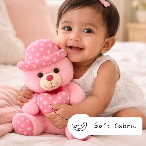 Image of TOYTALES Soft Teddy Bear with Pink Cap - 30CM Plush Stuffed Toy for Kids, Girls & Boys | Huggable Cute Teddy Bear Gift for Birthday, Anniversary & Valentine (Pink)
