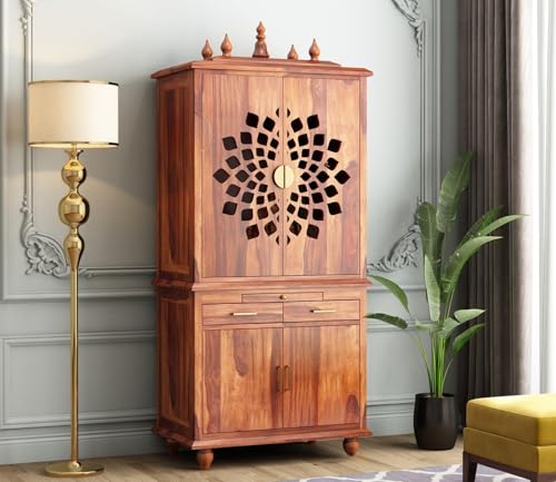 Image of Wooden Temple for Home | Big Pooja Mandir, Puja Ghar with 2 Drawer Storage, 4 Door Cabinet & Dhoop Batti Slider Stand | Solid Wood Sheesham Temple | Big puja mandir (G-Hony)