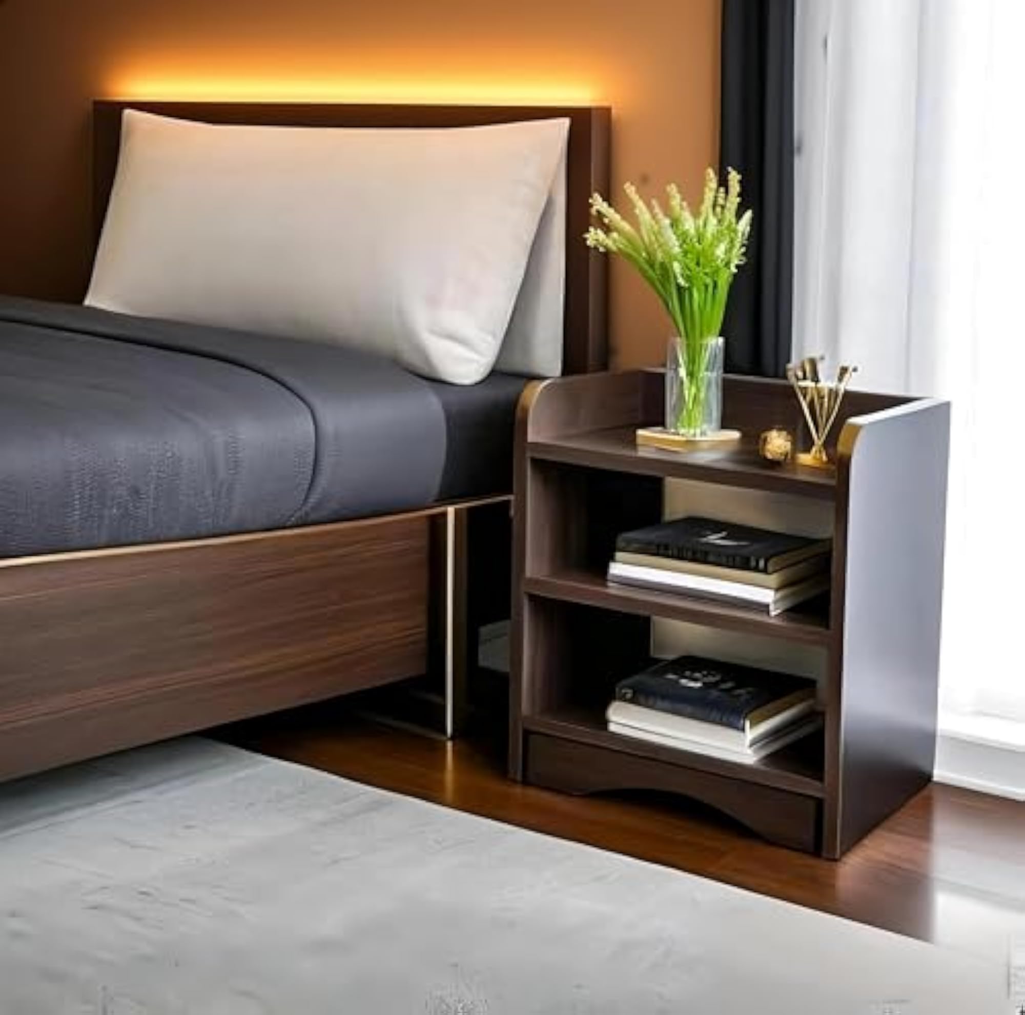 Modern Bedside Table with 3 Shelves, Wooden Organizer
