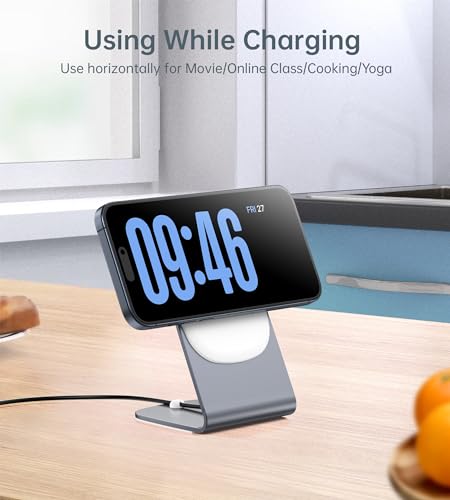 Image of Magnetic Wireless Charger for iPhone 17-12 Series + Aluminum Charger Stand | Mag Charger+20W USB C Adapter, Fast Wireless Charging Stand /Pad with 5ft USB-C Cable for iPhone 17 /16 /15 /14 /13 /12, Airpod Pro