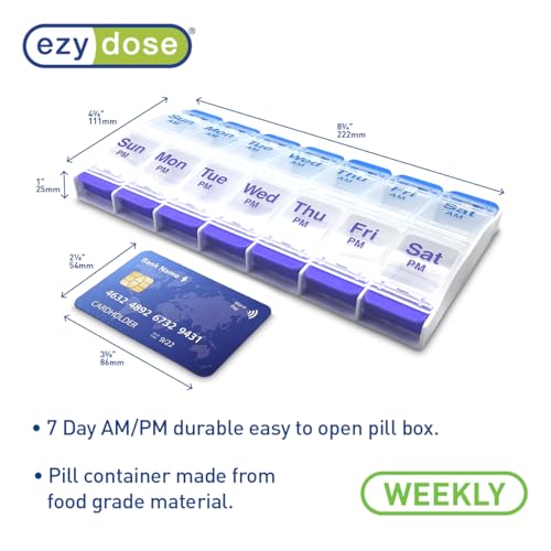 Image of Ezy Dose Weekly (7-Day) AM /PM Pill Organizer, X-Large Case, Blue /Purple | Daily Vitamin Box & Supplement Medicine Planner, 2 Times a Day Push Button Compartments, Portable & Travel-Friendly, BPA-Free