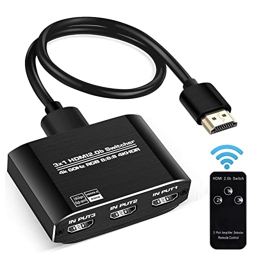NEWCARE HDMI 2.0b Switch 3 in 1 Out,3x1 HDMI Selector Switch with Remote,Support UHD 4K@60Hz Ultra HD 3D 1080P,HDCP 2.2 HDR,18.5Gbps HDMI Switcher Come with High Speed HDMI Cable (Black)