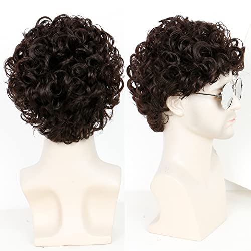 QUEENTAS Mens Wig Curly Hair Wigs for Men Short Hair Brown Wigs for Men Medium Length Synthetic Hair 70s 80s Disco Fancy Dress for Daily Use Party Halloween(Dark Brown) - Image 4