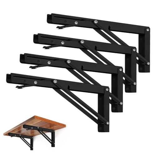 Image of Folding Shelf Brackets - Heavy Duty Metal Collapsible Shelf Bracket for Bench Table, Shelf Hinge Wall Mounted Space Saving DIY Bracket, Max Load: 150 lb (12 Inch 4 PCS, Black)