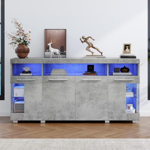 Merax Cemento Tavolino Credenza - 140 x 40 x 70 cm Armadio soggiorno con illuminazione a LED, vetro temperato, 3 scomparti e portaoggetti multiuso per soggiorno e cucina