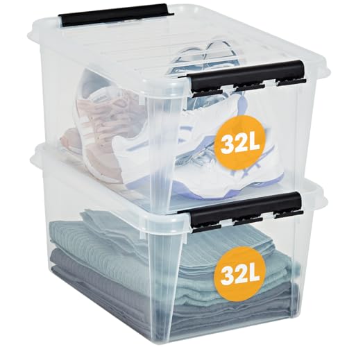 SmartStore 32L Clear Plastic Large Storage Boxes With Lid, 2 Pack, Reinforced, 10 Year Guarantee, Food Safe, Clip Locked, Stackable and Nestable, BPA Free L50 x W39 x H26 cm