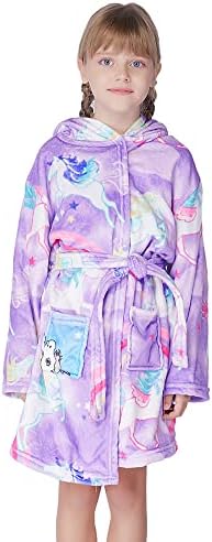 Soft Girls Bathrobe, Hooded Flannel Robe Toddler Dressing Gown Sleepwear 4T -18 Years