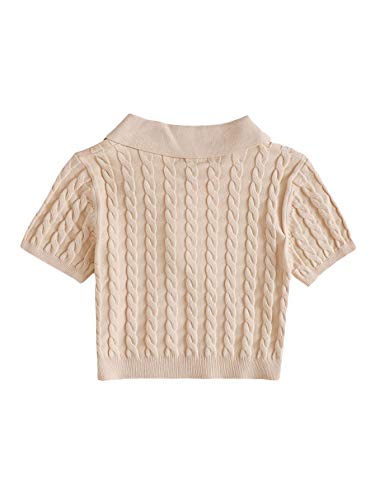 Verdusa Women's Button Front Short Sleeve Cable Knit Crop Top Pullover Sweater Apricot M #TOP1