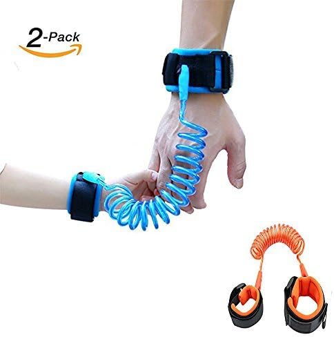 2 Pack Child Safety Anti Lost Wrist Link Safe on Skin Cotton Velcro Wristband Strap Stretch Harness Belt with Uncuttable Wrist Link for Infants & Toddlers Blue 8 Feet and Orange 5 Feel