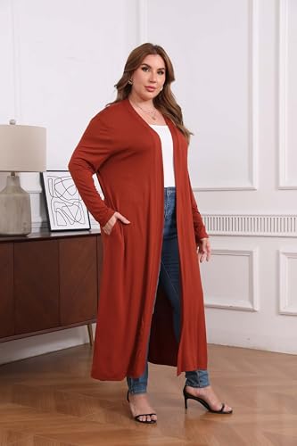 Image of Women Plus Size Floor Length Open Front Drape Cardigan Lightweight Long Sleeve Maxi Duster with Pockets 1X-5X