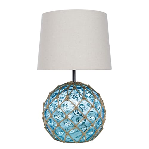 Lámpara marinera de mesa con forma de boya náutica con malla en cabo de cáñamo , lampara náutica de sobremesa Ø30cm, con pantalla cilíndrica en color crudo E27, boya de cristal Azul