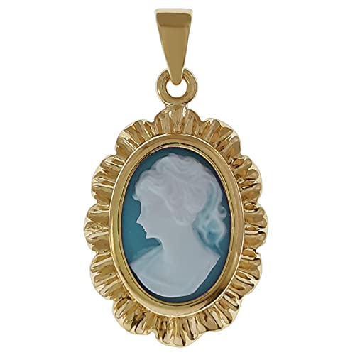 Pendentif Camée Bleu Idée Cadeau Femme en Plaqué Or 750/000 avec Écrin