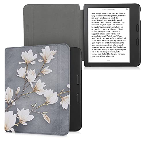 kwmobile Klapphülle kompatibel mit Tolino Vision 6 Hülle - eReader Case - Magnolien Taupe Weiß Blaugrau