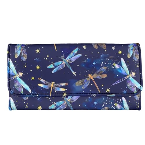 Image of AFPANQZ Luxury Dragonflies Leather Wallets for Women RFID Blocking Checkbook Wallet with Credit Card Slots Phone Holder Trifold Purses Zip Coins Pocket, Buckle Closure Clutch Purple Bling