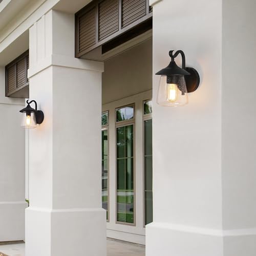 LALUZ Black Outdoor Wall Lights for House, Farmhouse Waterproof Anti-Rust Porch Lights Outdoor with Mushroom Seeded Glass, Outdoor Exterior Wall Sconce Light Fixtures Wall Mount for Patio Garage by LALUZ - Image 3