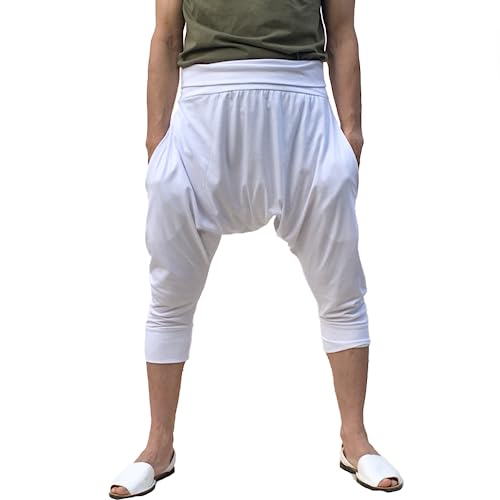 Photo de SAVARI | Shorts de Harem | Pantacourt Bouffant | Coton recyclé | Style Pirate | Été | avec Taille Large élastique et avec Poches | Pantalon Confortable | pour Le Yoga | Unisexe | Blanc | Taille L