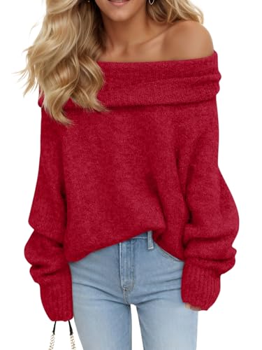 Image of Saodimallsu Womens Off The Shoulder Sweaters Oversized Long Sleeve Loose Ribbed Knit Fall Trendy Pullover Tops