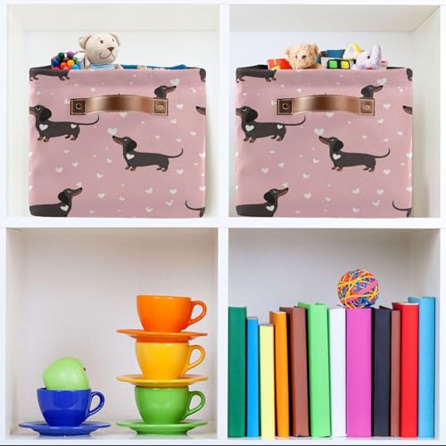 Image of Aslsiy Storage Basket Dachshund Dogs and Hearts Pink-1 Nursery Bins Baby Canvas Box Clothes Shelf Basket Laundry Hampers 2 Pcs
