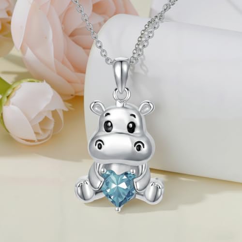 Image of PROESS Animal Birthstone Necklace 925 Sterling Silver Otter /Axolotl /Hippo /Elephant /Dachshund /Monkey /Red Panda Pendant Necklace Animal Birthstone Jewelry Gifts for Women
