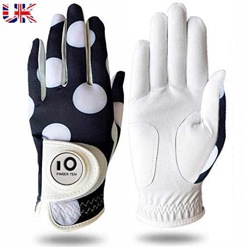 Jeantet Sport Lady Golf Glove Women Left Hand Right With Ball Marker Printed Value Pack, Glove Leather All Weather Grip Durable Comfortable Fit Size S M L XL (M-Worn on Left Hand, Mod Dot)