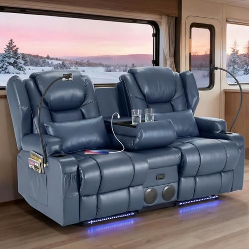Image of Redlife Power Loveseat Recliner Sofa with Console, PU Leather Dual Reclining Couch with Blue LED Lights, Bluetooth Speaker, USB Ports, Phone Holders, Home Theater & RV Recliner (Blue)