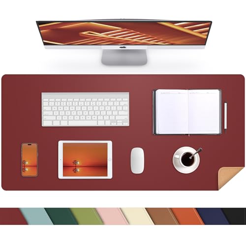 Desk Mat 31.5" x 17" Leather Desk Pad Protector with Natural Cork & PU Leather, Non-Slip Office Desk Mat, Double-Sided Large Mouse Pad, Waterproof Desk Pad for Office&Home (red)