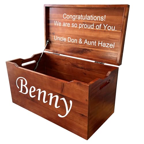 Personalized Engraved Name, Fully Assembled, Solid Wood Storage Trunk with Lid & Handles, Hope Chest, Wooden Box, Bedroom Organizer, Birthday, Gift, Blankets, Clothes, Slow-Close Lid, 30”, Walnut