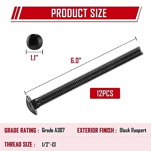 Image of SPARKWHIZ 1 /2 x 6 Inch Carriage Bolt Kit, Rust Resistance Bolts Includes 12 Bolts, 12 Washers, and 12 Nuts, Black (Pack of 2)