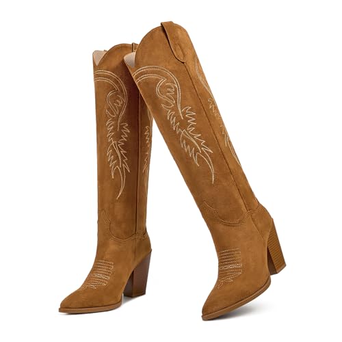 Image of ISNOM Knee High Cowboy Boots for Women, Comfortable and Fashion | Classic Western Style, Stable Chunky Heel, Side Zipper, Pointed Toe, Non-slip Sole, Versastile Concert Party Rodeo Boots