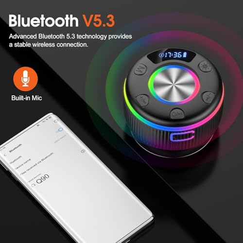 Enceinte Bluetooth Douche, Enceinte Bluetooth Portable 5.3 sans Fil avec Mic, Ventouse Puissante, Lumière LED, Surround à 360 degrés, Appel, Haut-Parleur Bluetooth pour Soirées Plage, Voyage, Douche – Image 3