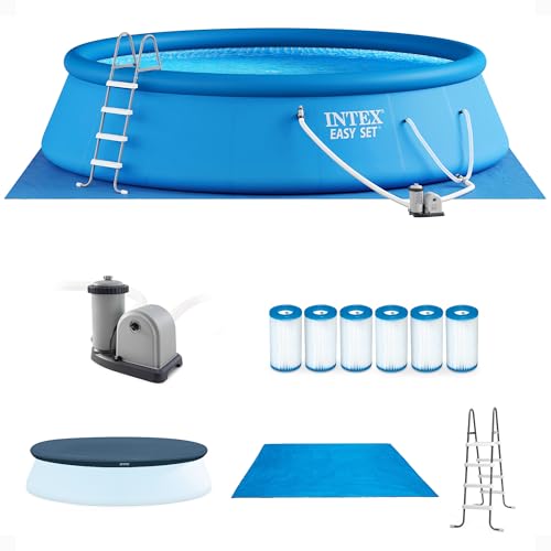 Intex Easy Set 18 Foot by 48 Inch Round Inflatable Above Ground Swimming Pool with Filter Pump, Ladder, Pool Cover, and 6 Pack Filter Cartridges, Blue