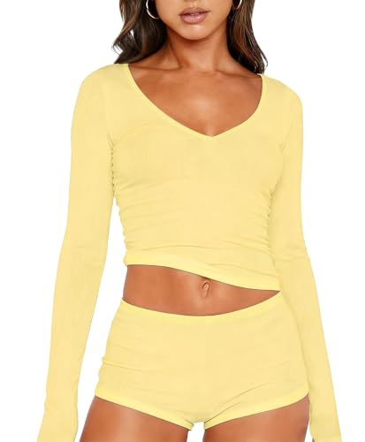 Image of Dressmine Sexy Pajamas Set for Women Spring Pj Lounge Sets 2 Piece Cute Sleepwear Long Sleeve V Neck Y2K Tops Shorts