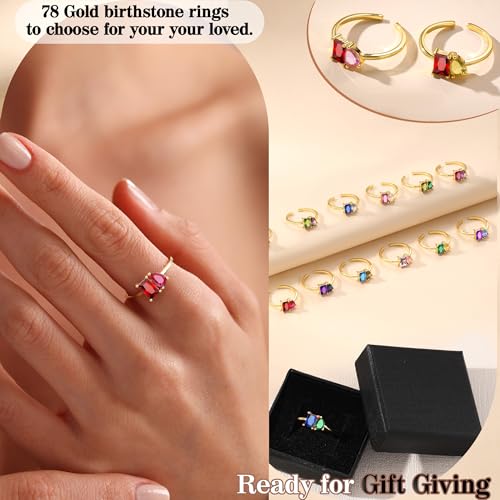 Birthstone Rings for Women Non Tarnish Gold Rings Mothers Day Gifts Birthday Gifts for Teen Girls Dainty 14K Plated Adjustable CZ Stacking Promise Ring Christmas Stocking Stuffers Anniversary Jewelry for Friend Sister Girlfriend Mom