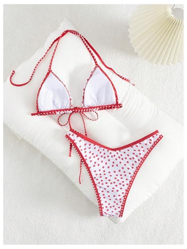 Image of WDIRARA Women's Floral Polka Dots Bikini Sets Triangle Halter String Swimsuit 2 Piece Bathing Suit