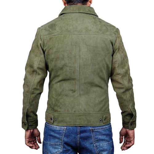 Image of Mens Polo Collar Zipper Suede Shirts Long Sleeve Shacket Suede Trucker Jacket Real Suede Leather Shirt
